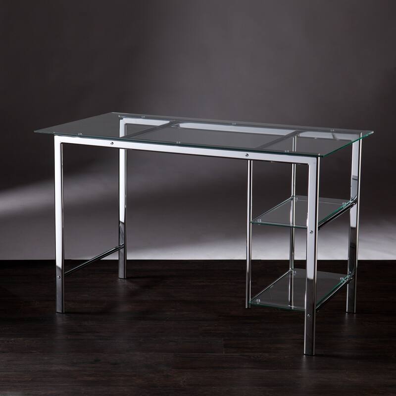 Clear Glass Silver Metal Writing Desk with Shelves and Rectangular 47 inches