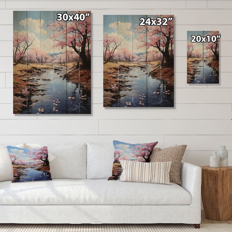 Designart "Japon Art Sakura Dream Pink And Blue IV" Japanese Print on Natural Pine Wood