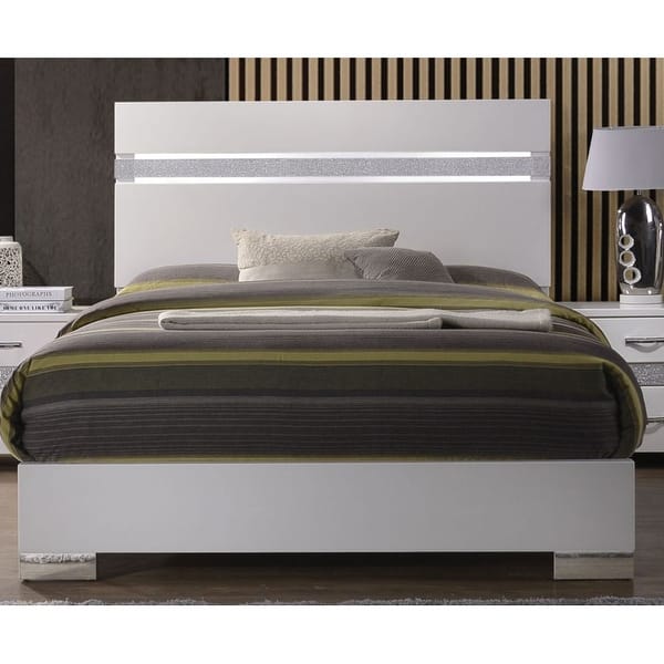 Naima II Queen Wood Panel Bed in White High Gloss&Sparkling Acrylic ...