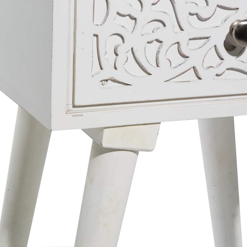 Mango Wood Scroll Intricately Carved Single Drawer Accent Table - White - Roche River Decor