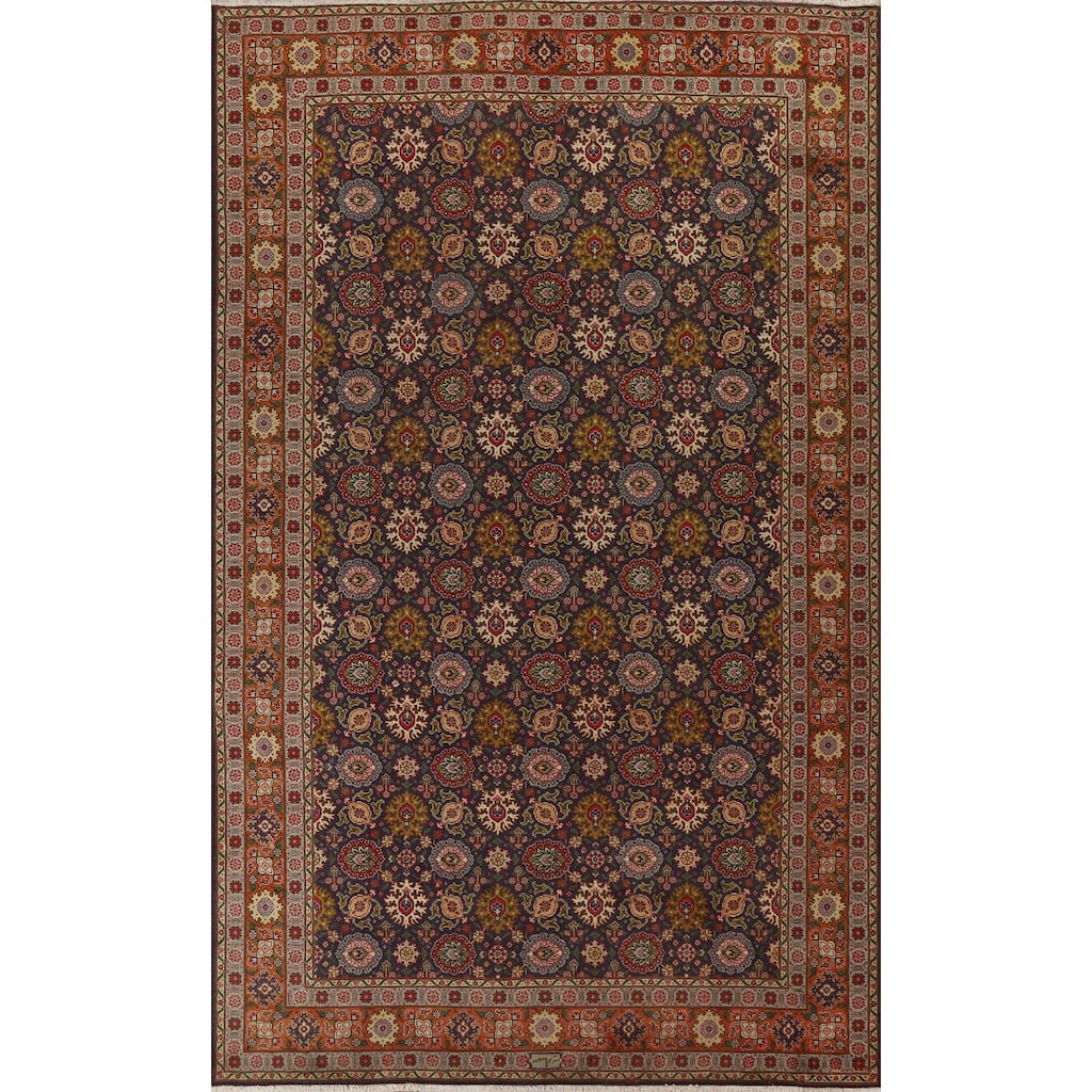Hand Knotted Oriental 100% Wool Carpet Traditional Floral Navy Blue & Blues Tabriz Area Rug - 11' 5'' X 7' 7''