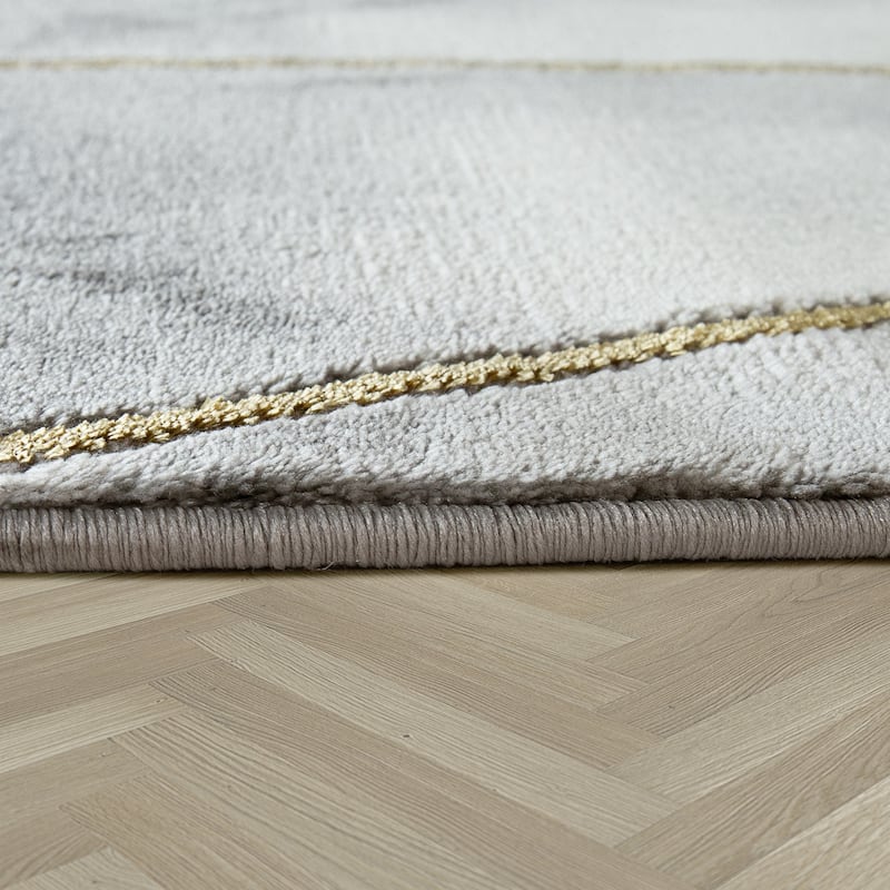Grey Gold Cream Living Room Rug with Marble Pattern in 3D