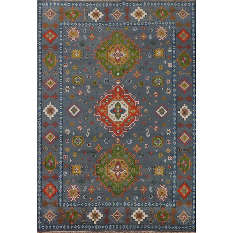 Blue Geometric Kazak Oriental Area Rug Hand-Knotted Wool Carpet - 9'3" x 11'7"