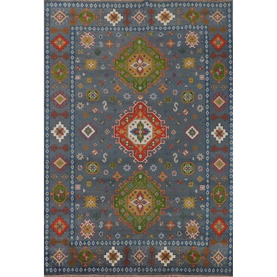 Blue Geometric Kazak Oriental Area Rug Hand-Knotted Wool Carpet - 9'3" x 11'7"