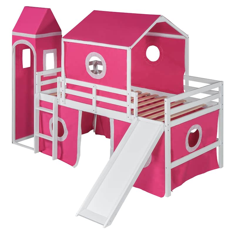 Full/Twin Size Loft Bed with Slide, Pink Tent, Tower, Playhouse Design - Sturdy Solid Wood Construction, Storage Space