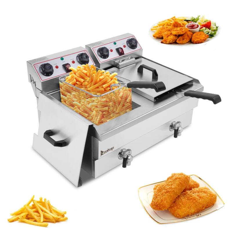 24.9QT 3400W MAX Electric Deep Fryer Dual Tanks Stainless Steel w/ Timer and Drain French Fry - 24.9QT