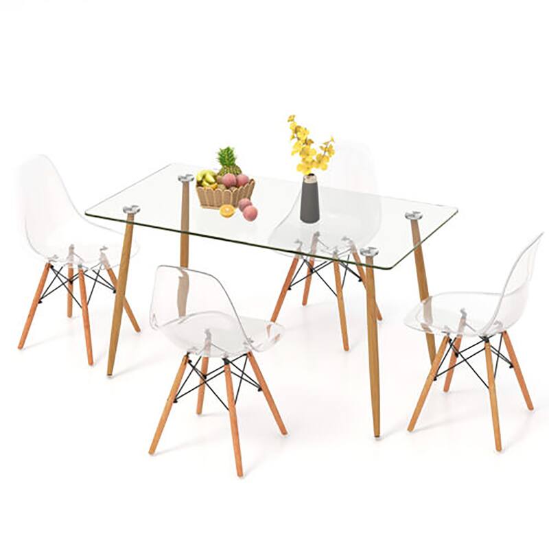 Gymax Modern 5-Piece Dining Table Set w/ Rectangle Glass Table & 4 - Clear + Natural