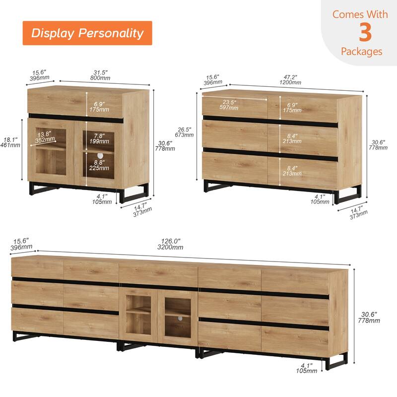 WAMPAT 3 in 1 Modern Dresser with Glass Doors and 3 Drawers, Chest of Drawers for Bedroom