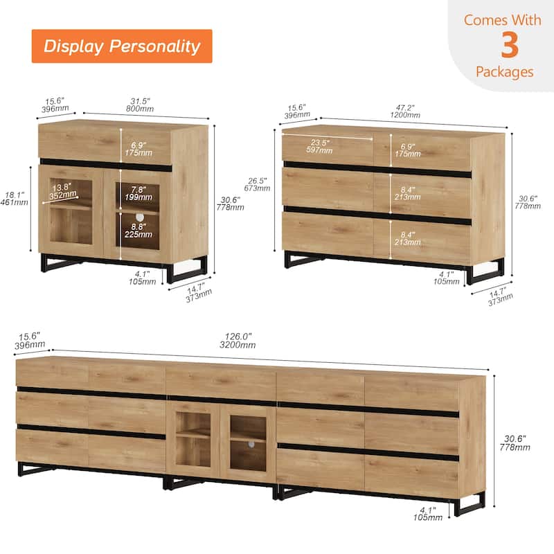 WAMPAT 3 in 1 Modern Sideboard with Glass Doors and 3 Drawers, Coffee Bar Cabinet for Kitchen
