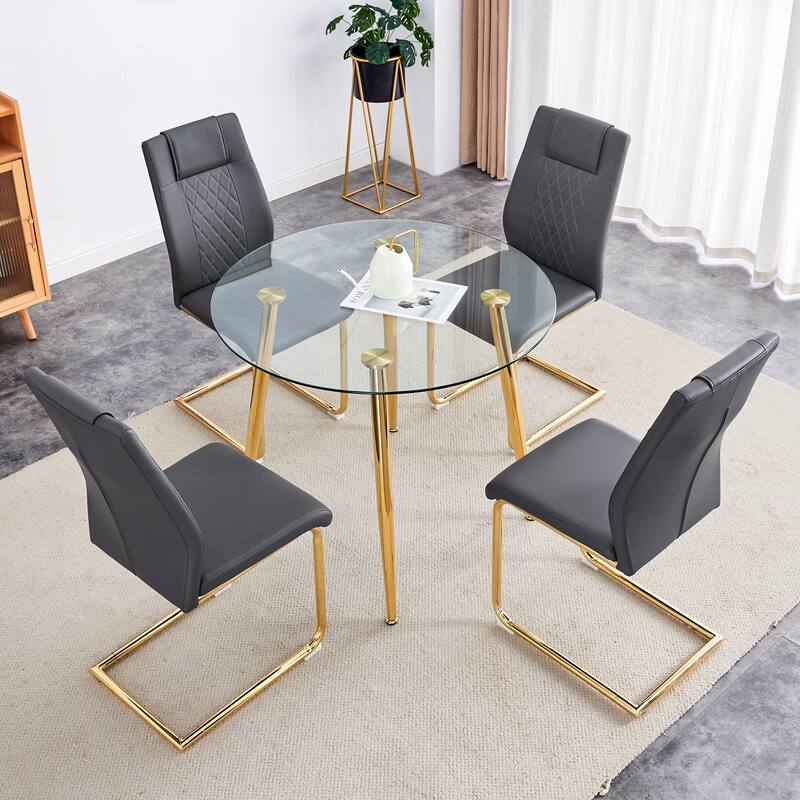 5 Piece Tempered Glass Dining Table Set for 4, Modern Round Table with 4 Upholstered Chairs for Kitchen, Office Conference Room - Grey