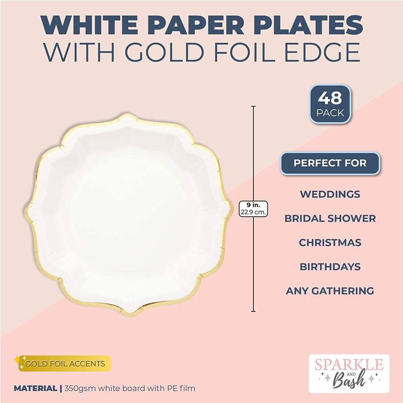 White Paper Party Plates with Gold Foil Scalloped Edging (9 In, 48 Pack)