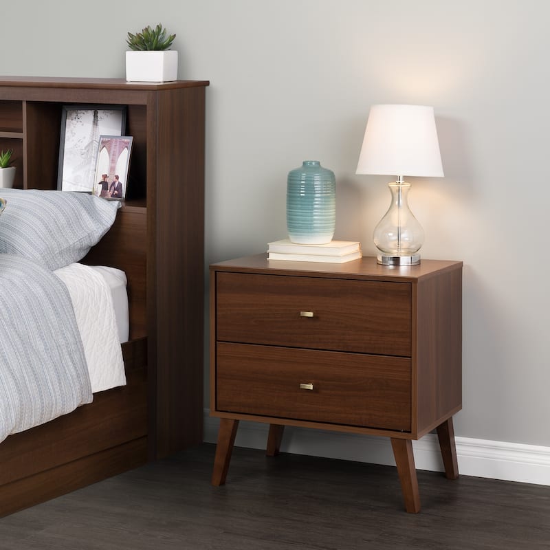 Prepac Milo Mid-Century Modern 2 Drawer Nightstand, Bedside Table, Contemporary Bedroom Furniture