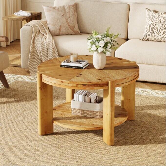 31.5" Round Solid Wood Coffee Table with Storage Shelf for Living Room