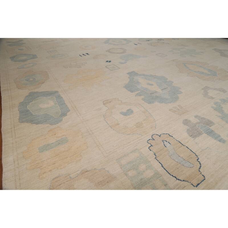 Hand Knotted Oriental 100% Wool Carpet Transitional All-Over Beige & Ivories Oushak Area Rug - 14' 8'' X 11' 10''