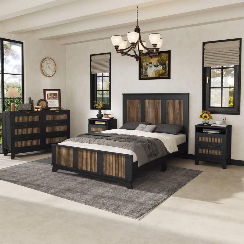 4-Pieces Bedroom Sets, Full/Queen Size Platform Bed with Wooden Strip Decoration, 2 Storage Nightstands and Dresser - Black - Full