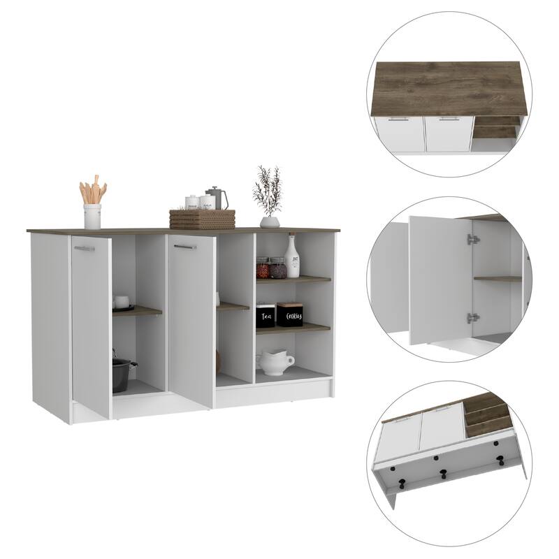 White and Dark Brown Kitchen Island, Two Cabinets, Three Open Shelves for Storage