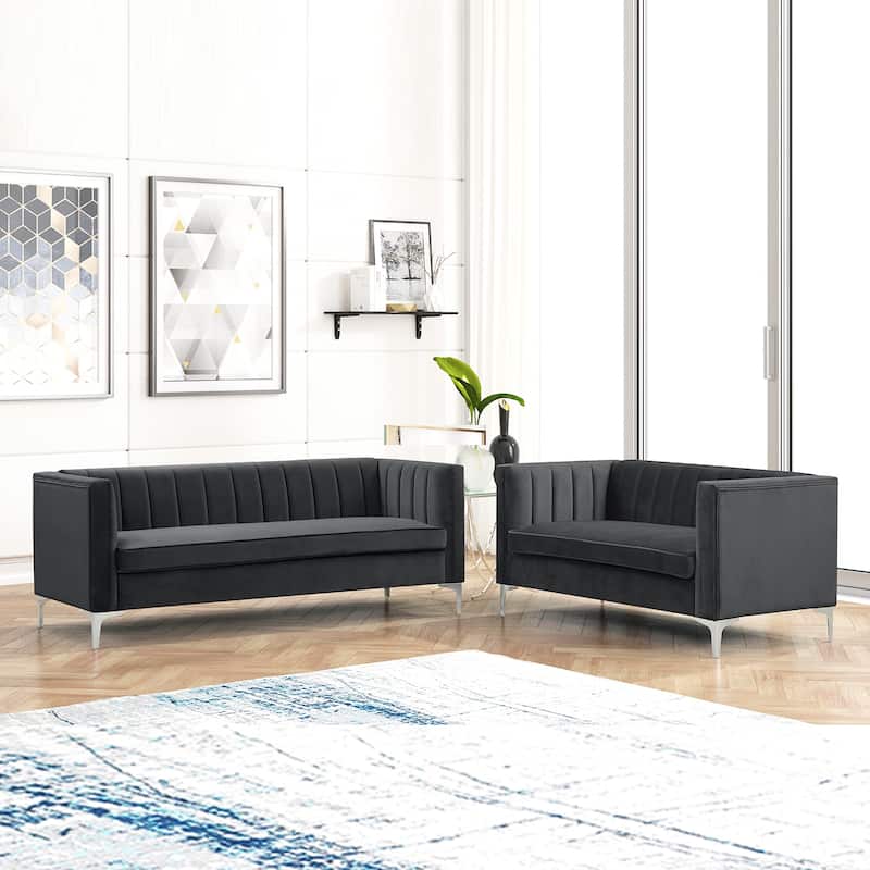 Morden Fort Modern 2 Pieces of Loveseat and Sofa Couch Set with Dutch Velvet Grey, Iron Legs - Black