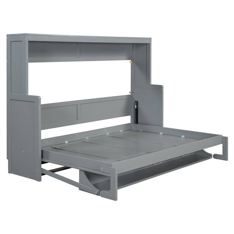 Full/Queen Size Wooden Murphy Bed with Desk, Foldable Murphy Bed Cabinet w/ Hydraulic Lift Design, Space Saving Murphy Chest Bed