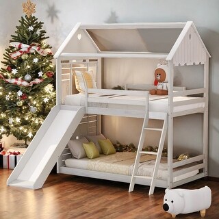 Twin Over Twin White Wood Bunk Bed with Roof, Window, Slide and Ladder ...