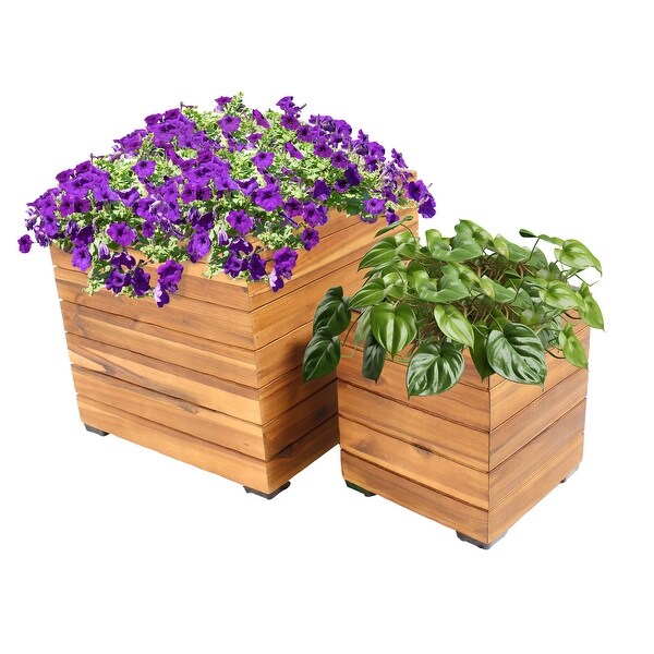 2-Piece Large Acacia Wood Square Planter Boxes with Plastic Liners