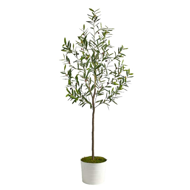 Artificial Olive Tree 70 Inch Indoor Outdoor Plant in White Planter - Green - 61 Inches and Over