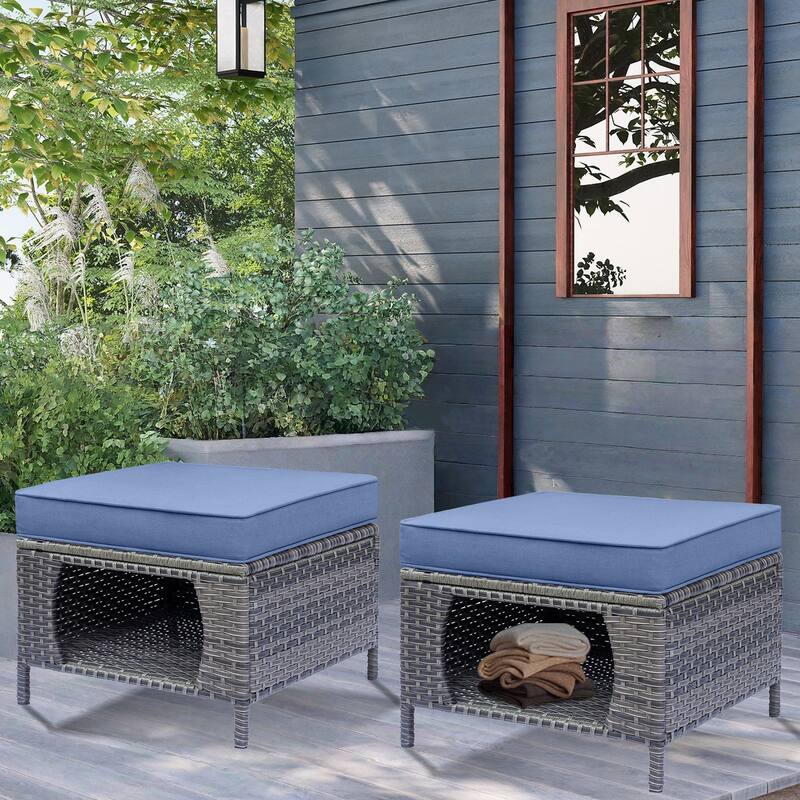 Outdoor Patio Cushioned Rattan Wicker Storage Ottomans (Set of 2)