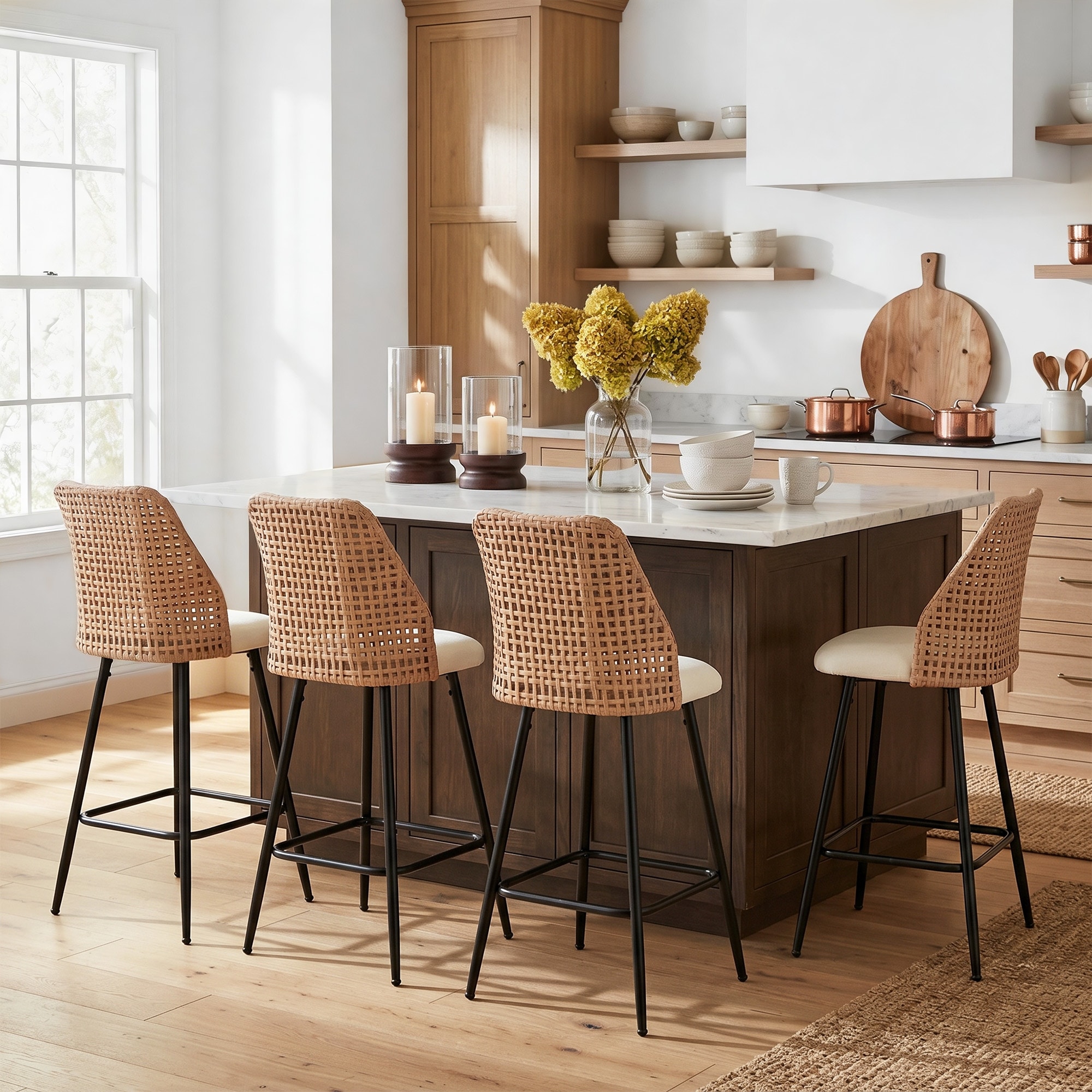 Upholstered Counter Height Bar Stool with Wicker Back