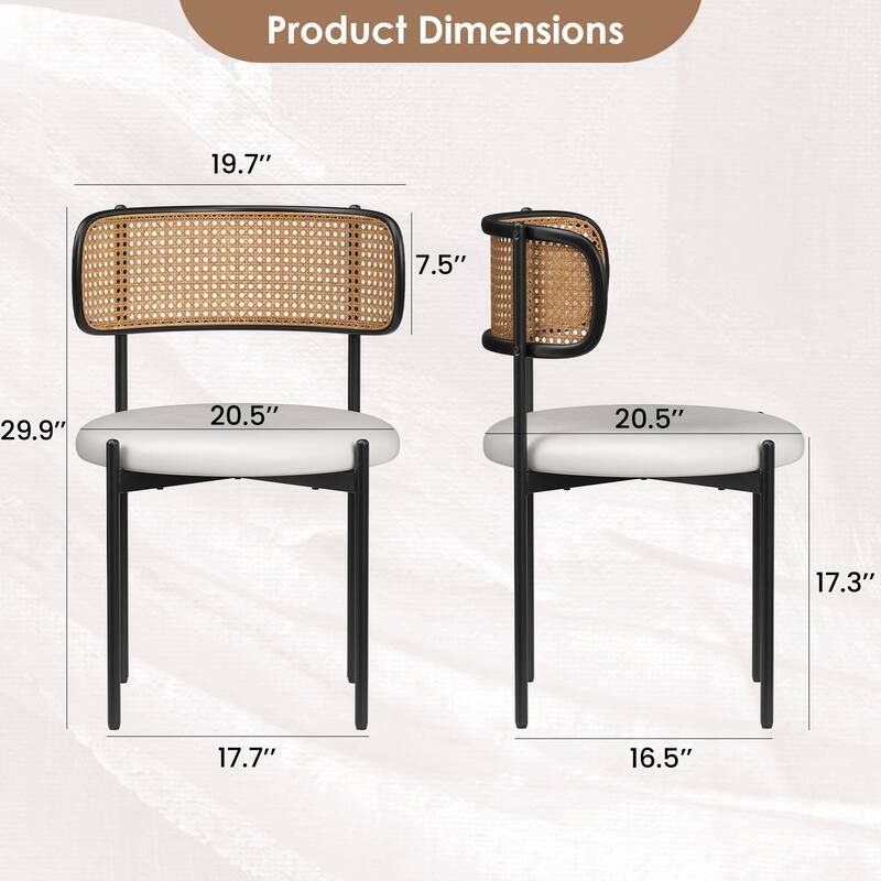Dining Chairs Set of 2, PU Leather Upholstered Seat with Woven Rattan Back, Sturdy Metal Legs Modern Side Chairs