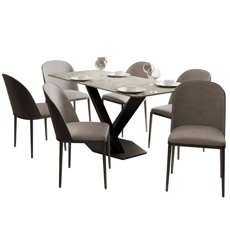 Voren 7-Piece Dining Set 55-Inch Rectangular Sintered Stone Dining Table and 6 Dining Side Chairs - Black/Light Grey