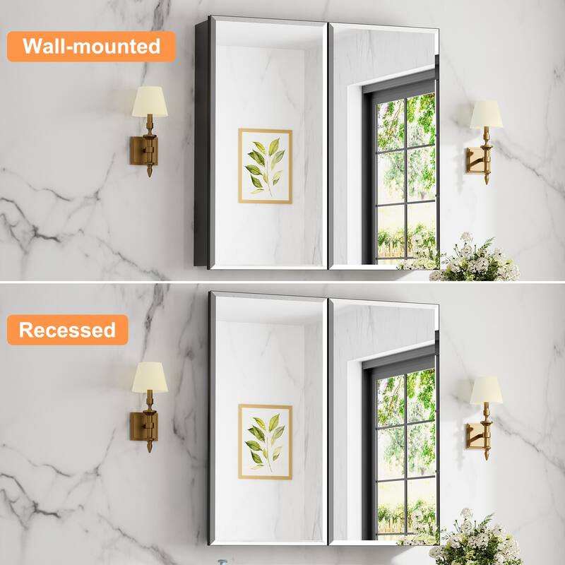 Belle Medicine Cabinet with Mirror, Adjustable Shelves, Recessed or Wall Mount