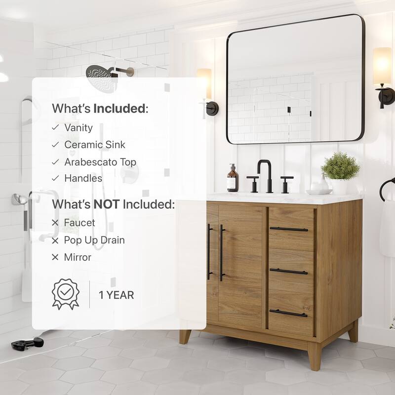 Eviva Graham 36"W Oak Bath Vanity with Arabescato Engineered Stone Top