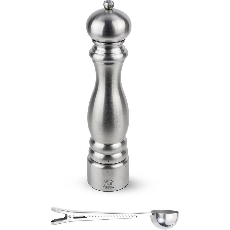 Peugeot Paris Chef u'Select Stainless Steel Salt Mill - With Stainless Steel Spice Scoop/Bag Clip (12 -Inch, Salt Mill) - Silver - 2 Piece
