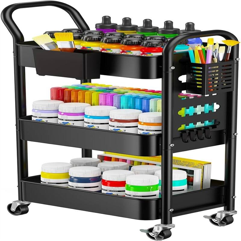 3-Tier Rolling Cart - 11.5"D x 16.93"W x 36.22"H - Black