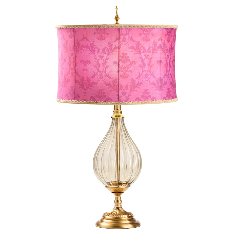 Bibi River of Goods Fuchsia Pink Drum Shade Geometric Glass 30.5-Inch Table Lamp - 17" x 17" x 30.5" - 17" x 17" x 30.5" - Fuchsia/Subtle Green/Gold