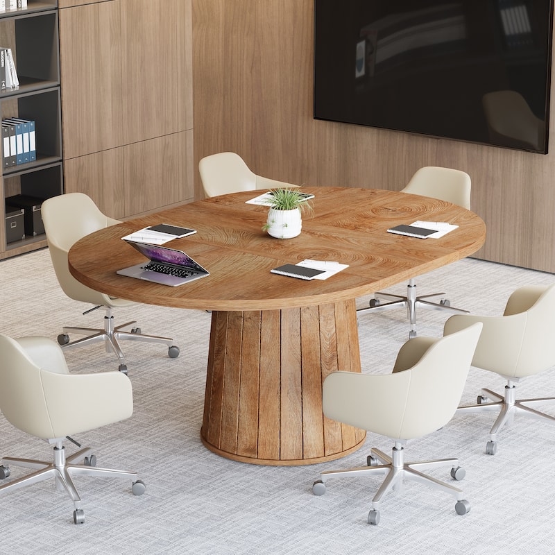 55.11 Inch Brown Wood Oval Conference Table with Wood Base for 6 People