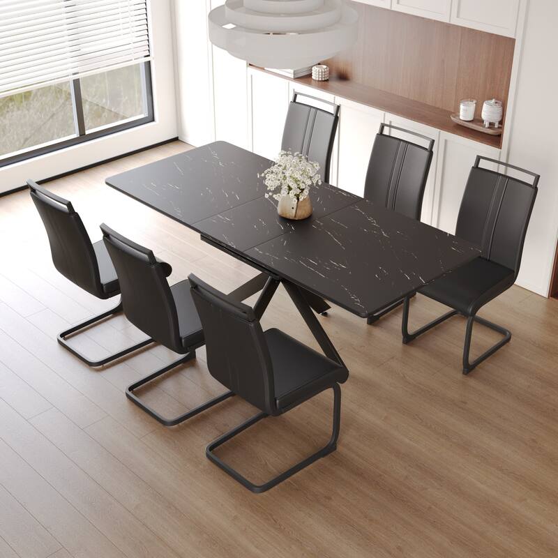 Extendable Dining Table with X-Shaped Metal Legs, Exquisite Table and Chair Set with Upholstered Dining Chairs