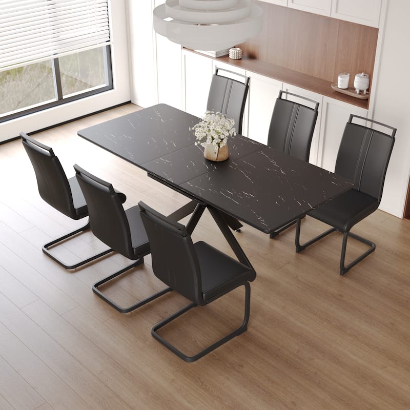 Modern Dining Set with Rectangular Extendable Table & High Back C-shaped Tube Armless Chairs