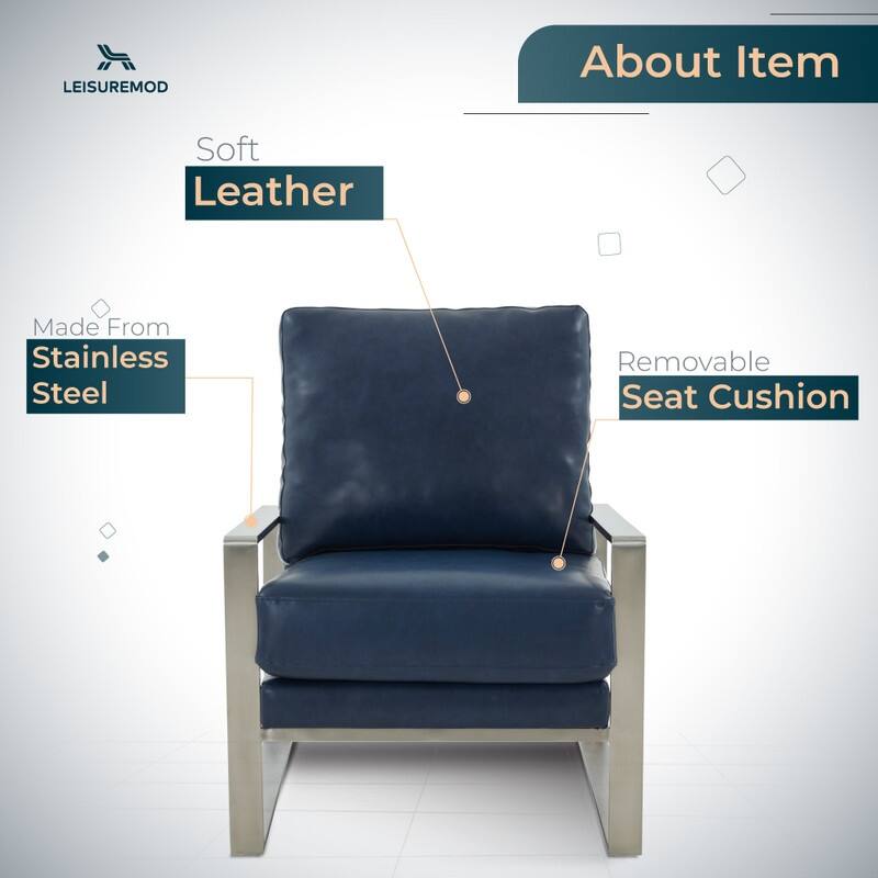Jefferson Modern Leather Accent Chair with Brushed Silver Frame, Plush Cushions, and Scratch-Resistant for Home or Office - 29.2