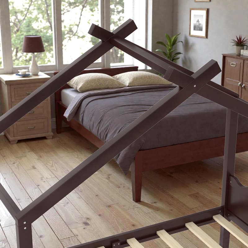 Kids Solid Wood House Floor Bed with Support Slats, Montessori Low Profile Bed, No Box Spring Needed