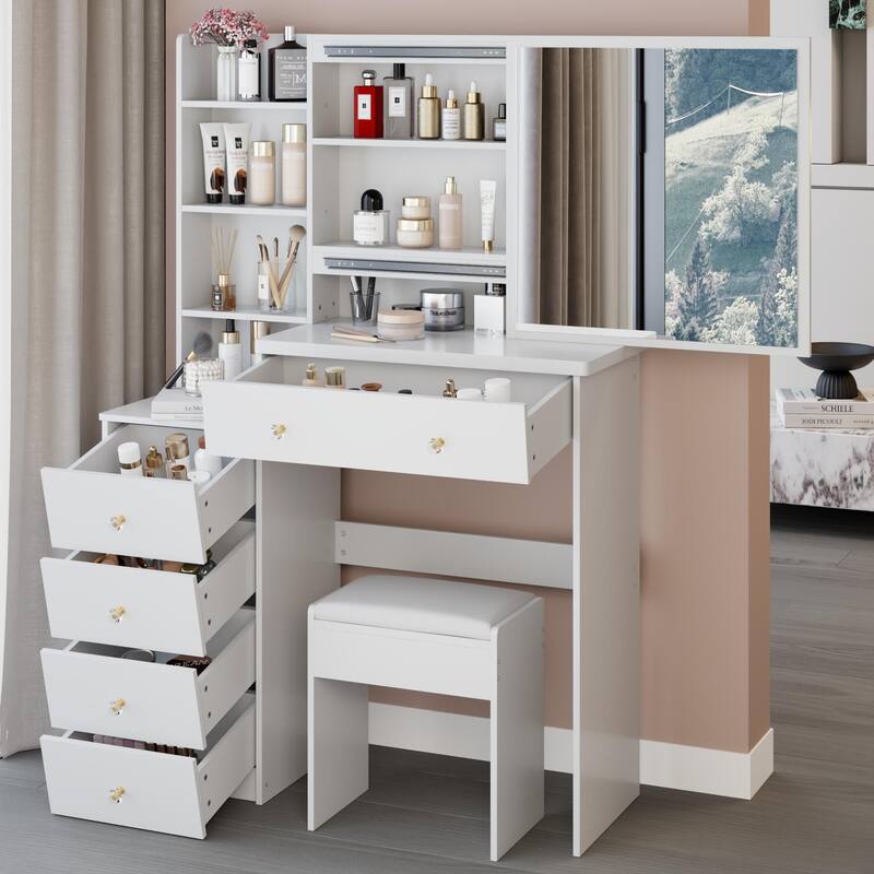 Middle Size Left Bedside Cabinet Vanity Table + Cushioned Stool,Large Right sliding mirror,Multi Layer High Capacity Storage