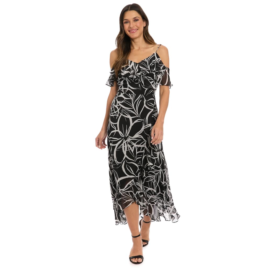 London Times V-Neck Sleeveless Cold Shoulder Ruffle A-Line Maxi Dress With Back Zipper
