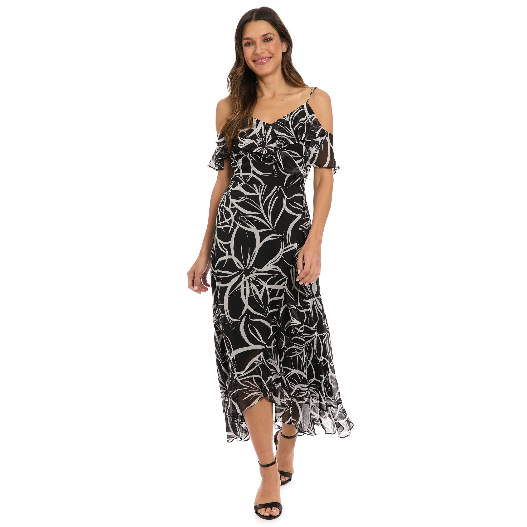 London Times V-Neck Sleeveless Cold Shoulder Ruffle A-Line Maxi Dress With Back Zipper