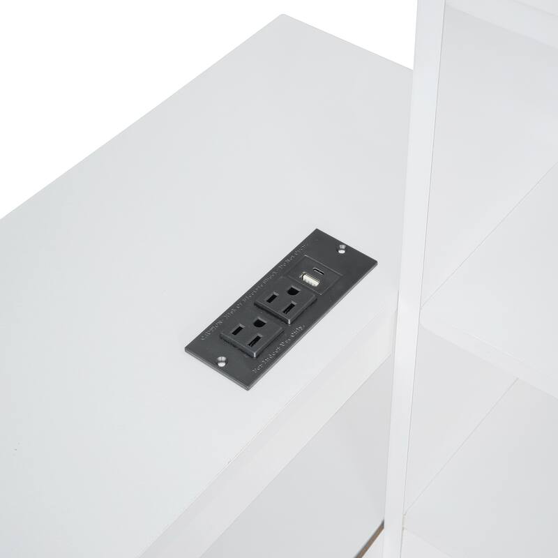 Full Size Wooden platform bed with Multi-functional Storage Space, Nightstand, 2 Drawers, USB Ports and Desk