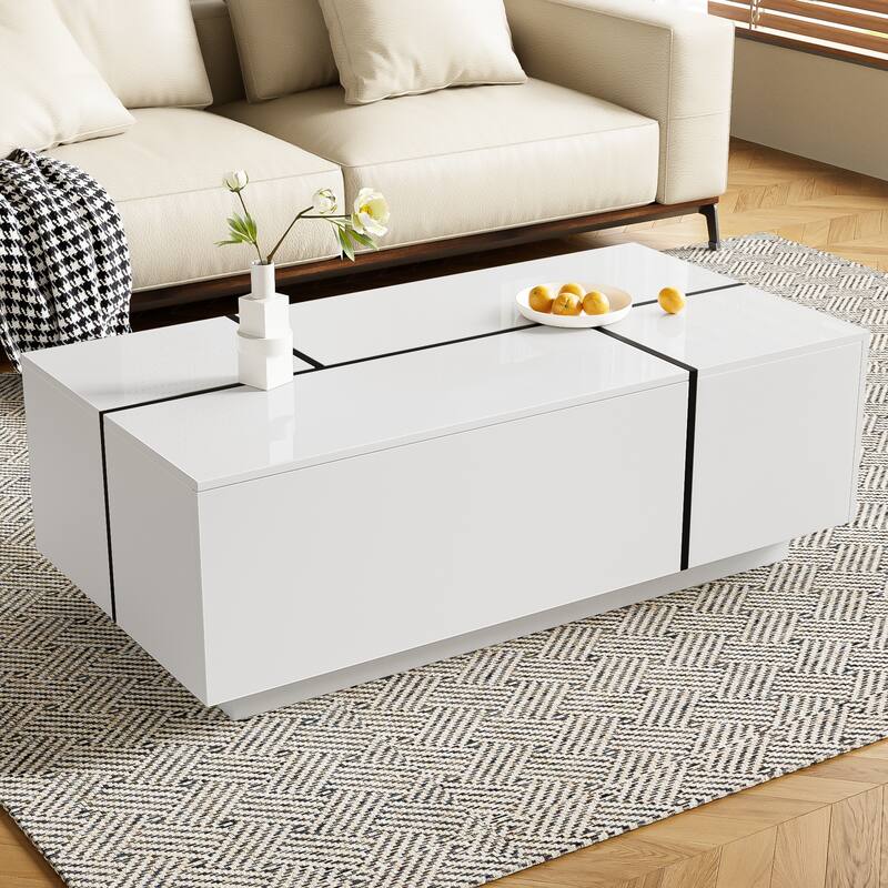 Extendable Rectangle Coffee Table, Tea Table for Living Room, Modern High-Gloss Center Table with Hidden Storage and 2 Drawers