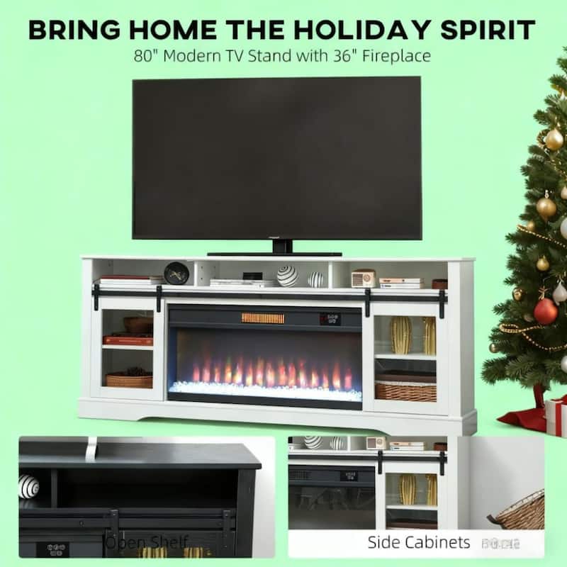 70.9" Electric Fireplace TV Stand with Open Storage and Side Cabinets