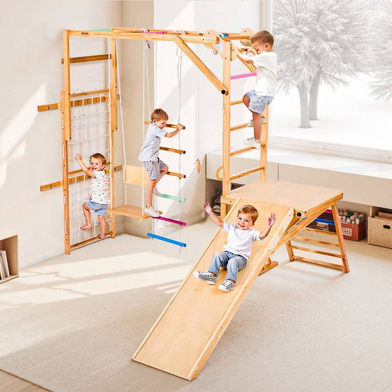 Colorful 8 in 1 Indoor Playground Jungle Gym for Kids with Extended Slide Swing Climbing Net Monkey Bars and 220 lbs Capacity