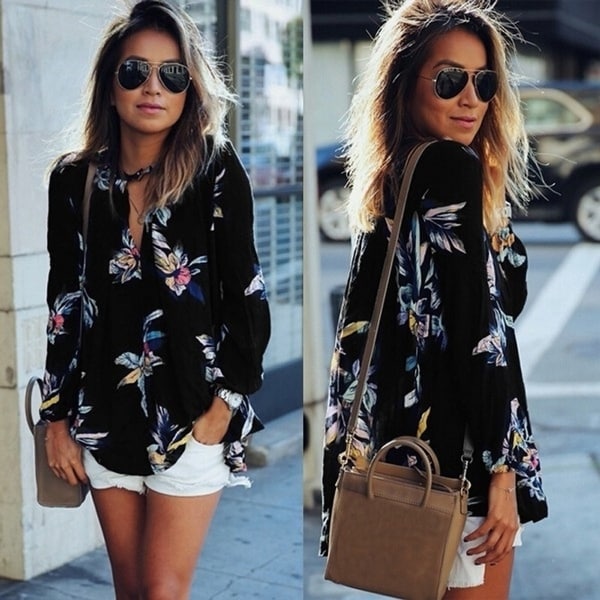Casual Print Hollow Out V Neck Long Sleeve Chiffon Top