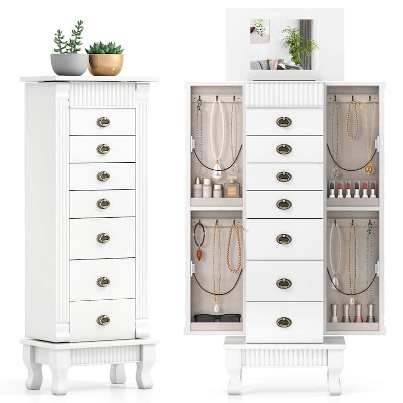 Costway Jewelry Cabinet Armoire Box Storage Chest Stand Organizer Wood - See Details - White