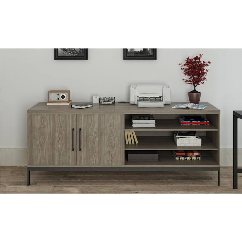 Roomfitters Parkside Credenza Sideboard with Sliding Doors and Built-In USB Power Hub, Light Oak Finish
