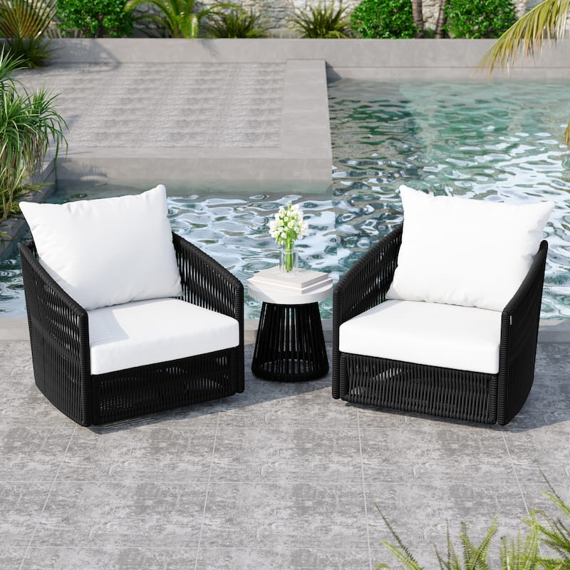 3 Piece Patio Woven Rope Swivel Chair Seating Group with Cushions - Black